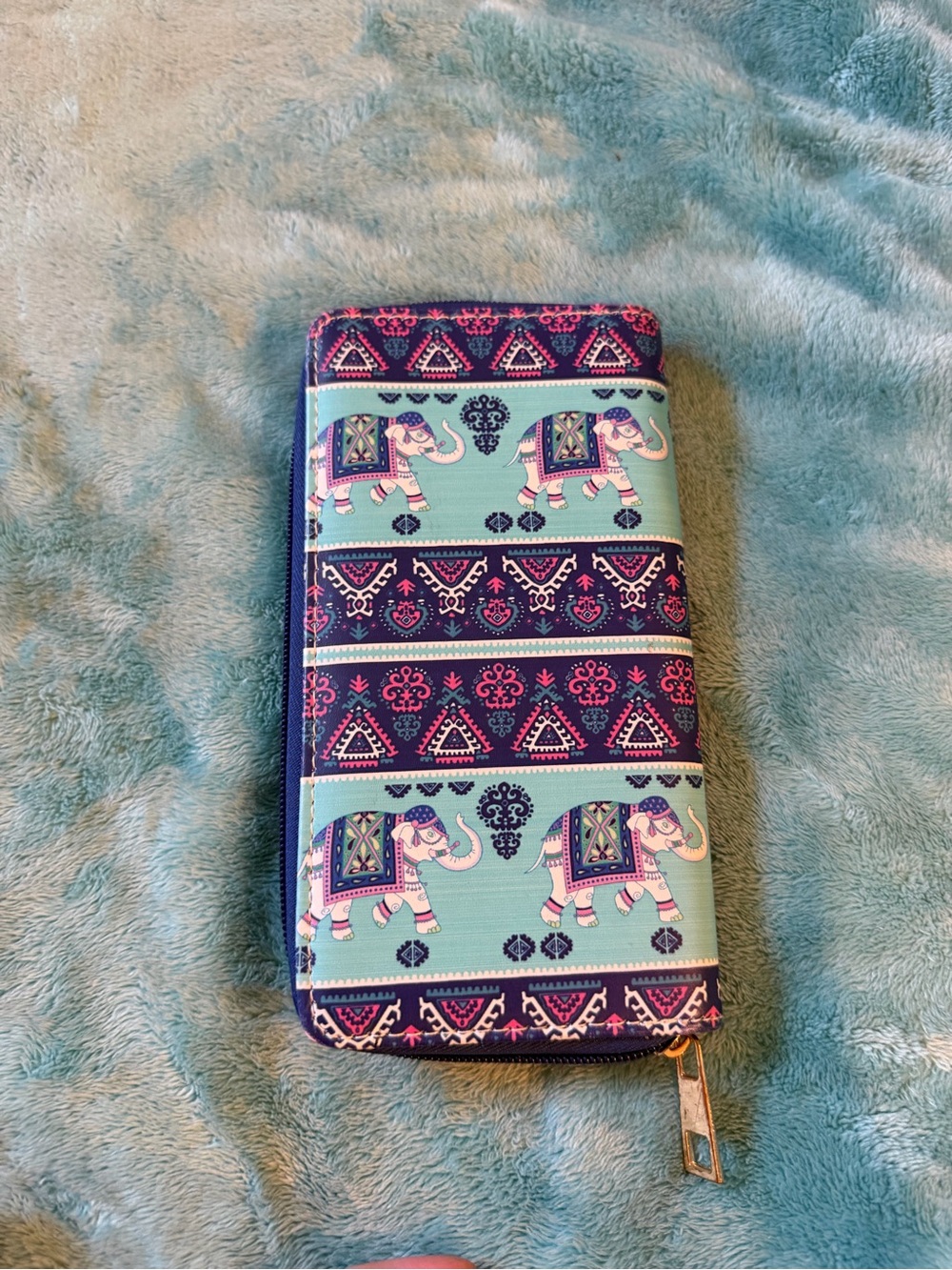 Elephant Pattern Zip Around Wallet in Turquoise and Navy